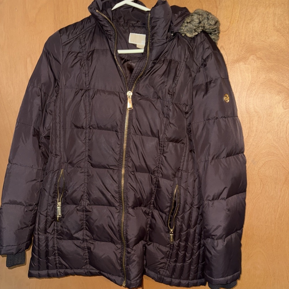 Michael Kors Faux-Fur-Trim Hooded Down Puffer Black Coat Women's Size Large